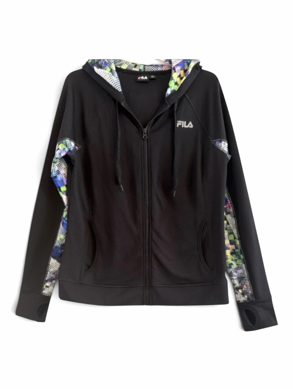 FILA Sport Black Full Zip Running Hoodie Neon Geometric Accent Thumbholes L